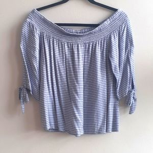 Blue Rain Off Shoulder Casual Top | S | Blue White Stripe